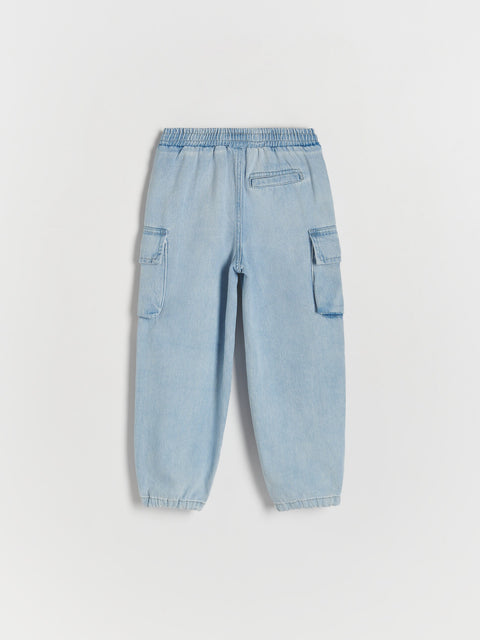 Light blue denim cargo pants on a white background