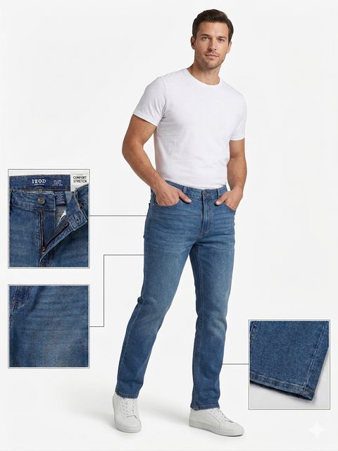 Man wearing blue jeans with close-up insets on a white background