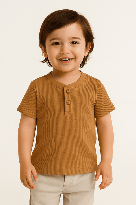 POMPdeLUX Boy's Beige Short-Sleeve Henley Neck T-Shirt | POMPdeLUX In Lebanon