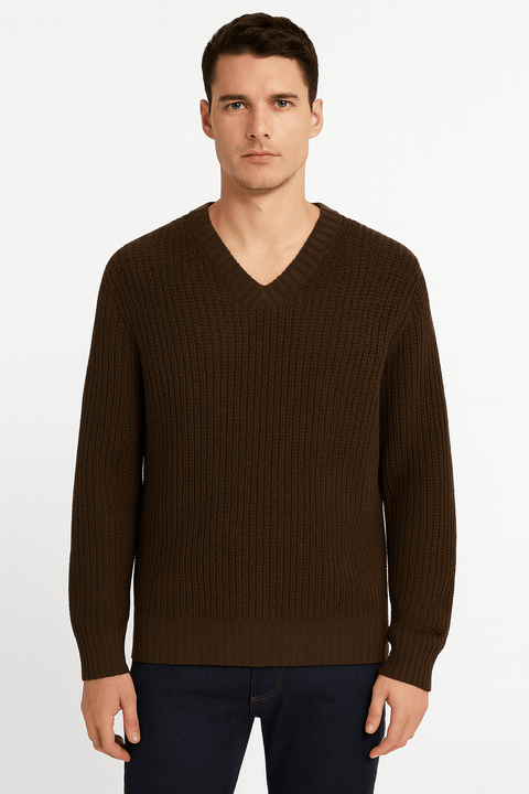 Redefined Rebel Men's Dark Brown Ribbed Knit V-Neck Sweater | Redefined Rebel In Lebanon