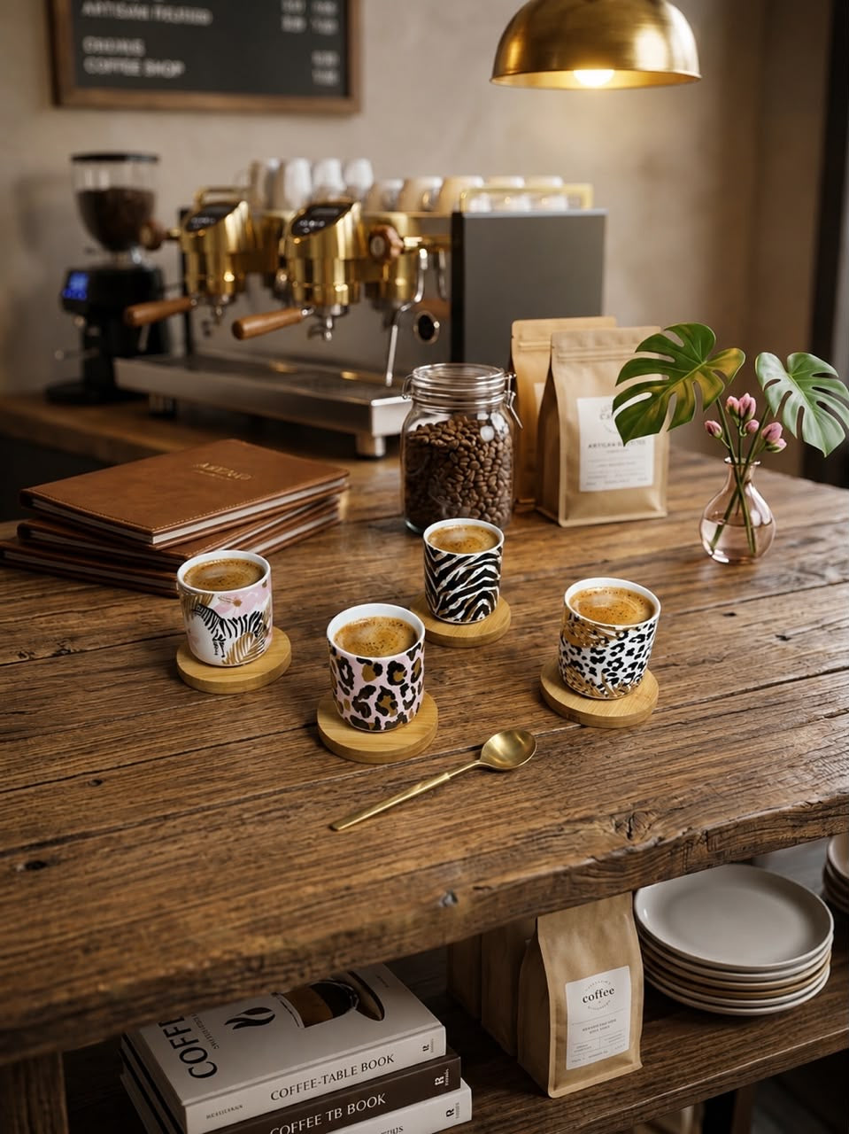 H.k Porcelain 4 Coffee Cup With Bamboo Saucer 100ml(MI14-15)