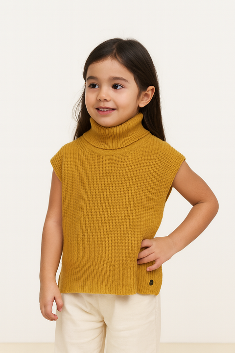POMPdeLUX Girl's Dusty Yellow Knit Roll Neck Vest |POMPdeLUX in Lebanon