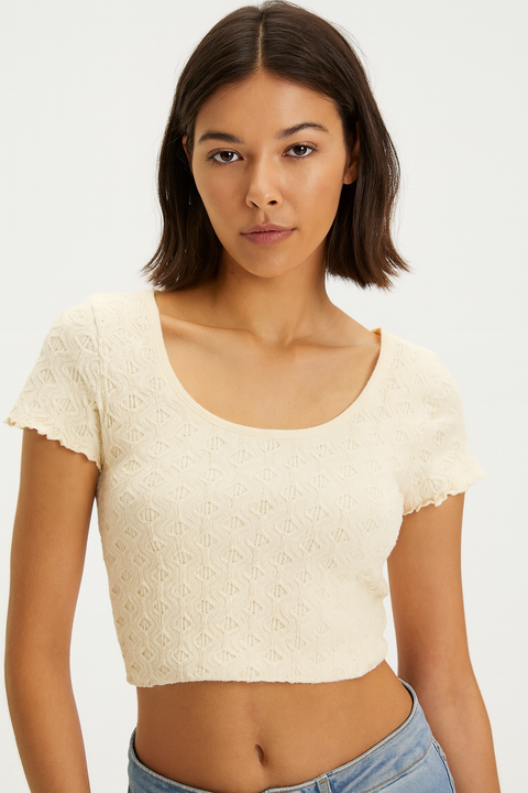 Forever 21 Women's Off White Round Neckline Short Sleeve Crop Top | Forever 21 In Lebanon