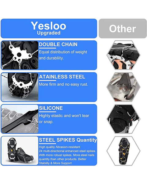 Yesloo Crampons, Ice Snow Grips 24 Teeth Stainless Steel Traction Cleats for Snow Boots and Shoes AM240