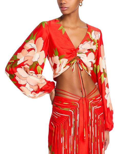 Farm Rio Women's Peony Red Floral Cropped Blouse | Farm Rio In Lebanon