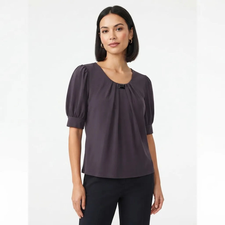 NY Collection Women's Dark Gray Puffed Short-Sleeve Blouse