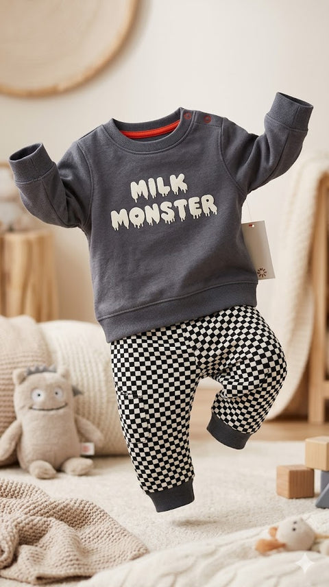 Cat & Jack Baby Boy's Dark Gray Halloween Checkered Milk Monster French Terry Sweatshirt & Jogger Pants Pajama Set | Cat & Jack In Lebanon