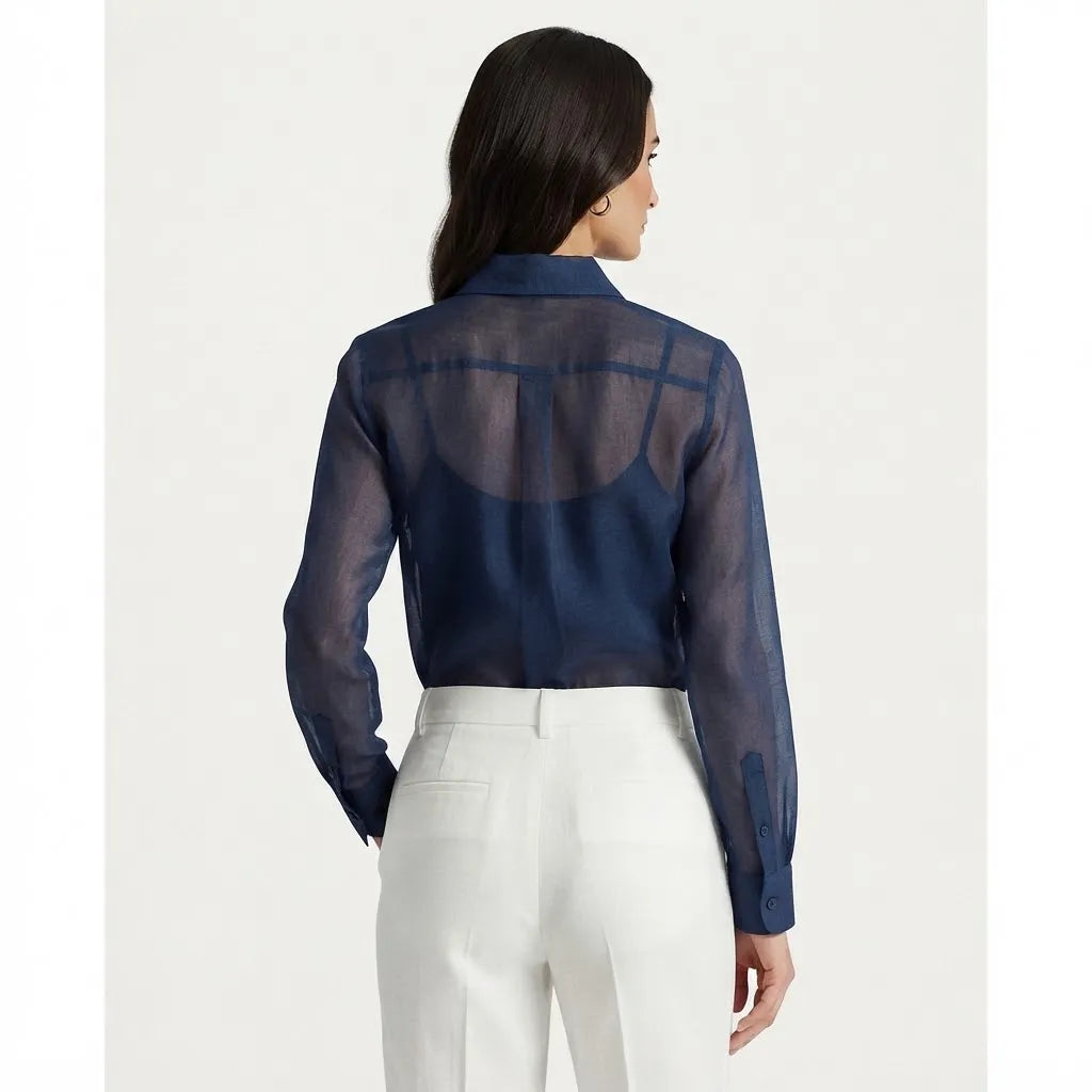 Ralph Lauren Women's Navy Sheer Button-Up Long-Sleeve Shirt