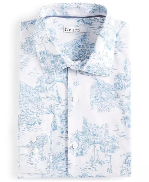 Bar III Men's White & Blue Printed Slim-Fit Amalfi Scenic Dress Shirt|Bar III In Lebanon