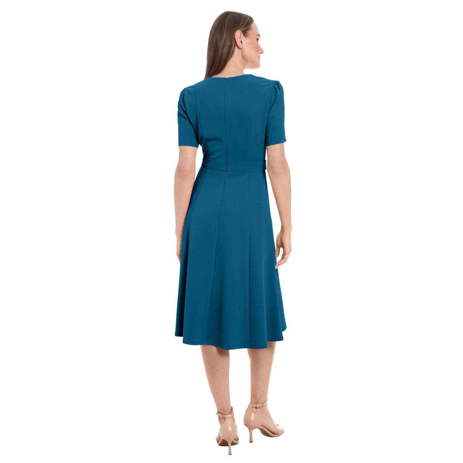 London Times Women's Petrol Petite Fit & Flare Scuba Crepe Midi Dress | London Times In Lebanon