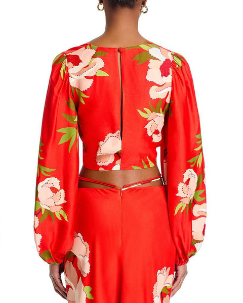 Farm Rio Women's Peony Red Floral Cropped Blouse | Farm Rio In Lebanon
