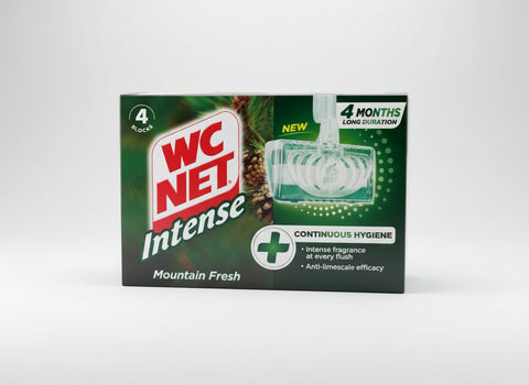 Hand holding a box of WC Net Intense Mountain Fresh against a striped background