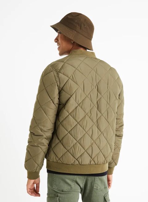 Celio Men's Khaki Green Quilted Bomber Jackets | Celio In Lebanon