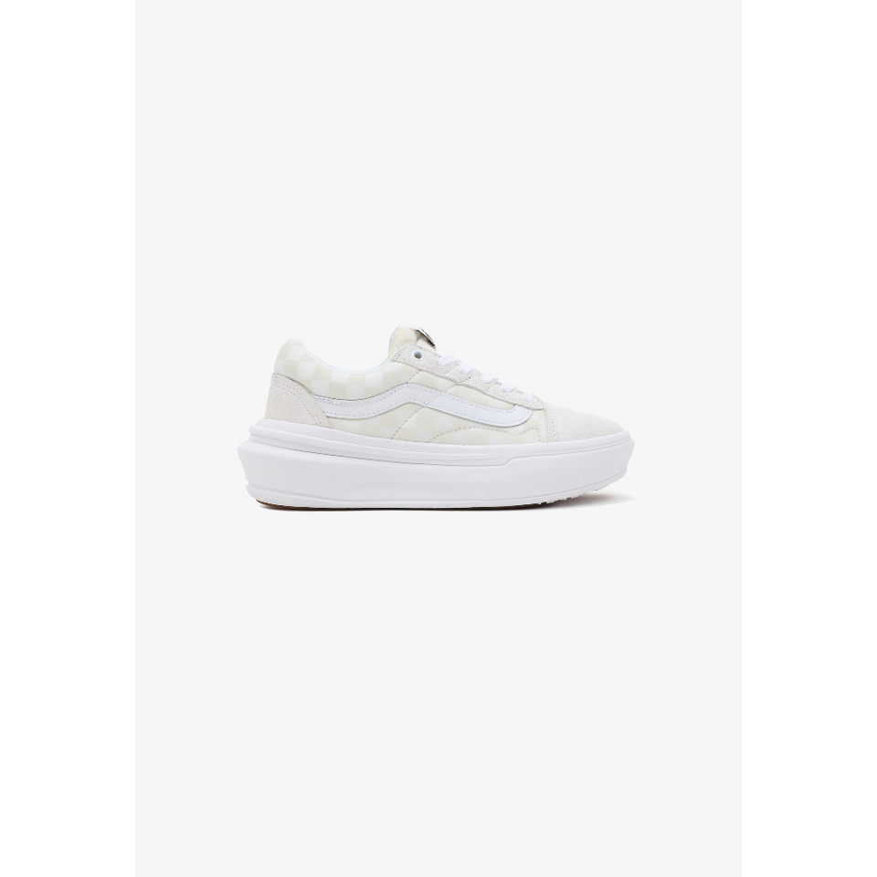 A low-top platform sneaker in off-white and white, featuring a textured canvas upper, white laces, and a thick white platform sole, shown against a plain white background.