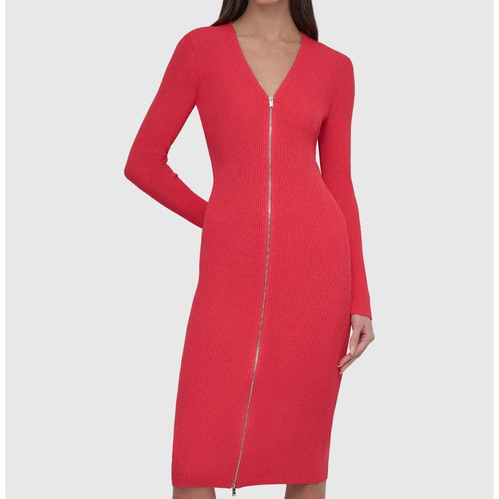 DKNY Women's Watermln Sugar Front Zip Long Sleeve Rib Midi Dress
