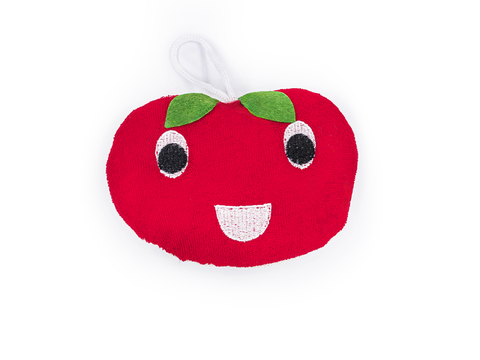 Red plush toy shaped like a tomato with a happy face on a white background