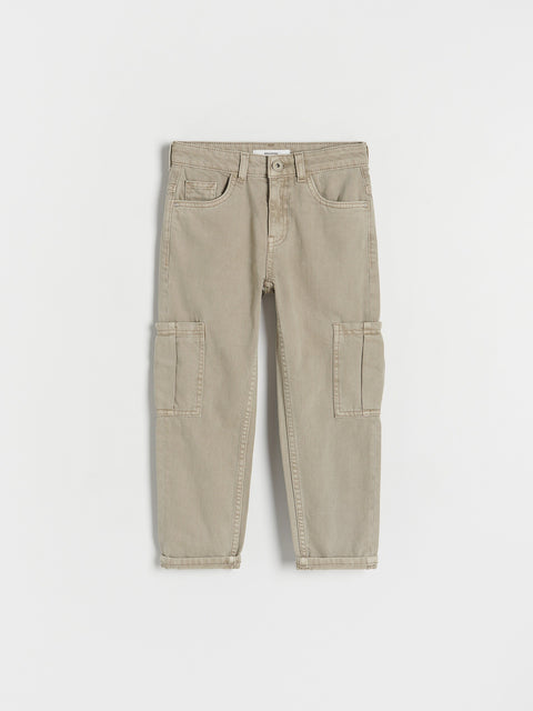 Beige cargo pants on a white background