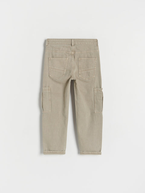 Beige cargo pants on a white background