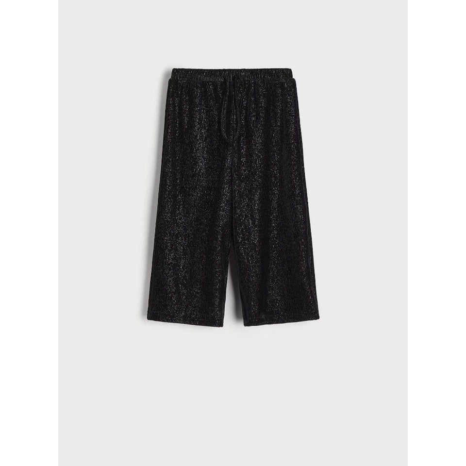 Black textured shorts with a subtle metallic sheen and an elastic drawstring waist, shown flat on a light gray background.