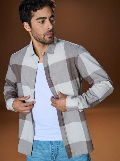 Sinsay Men's Beige Regular-Fit Cotton Shirt With Check Pattern | Sinsay In Lebanon