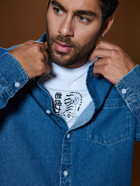 Sinsay Men's Dark Blue Denim Chest Pocket Shirt | Sinsay In Lebanon