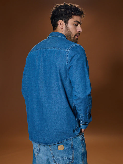 Sinsay Men's Dark Blue Denim Chest Pocket Shirt | Sinsay In Lebanon