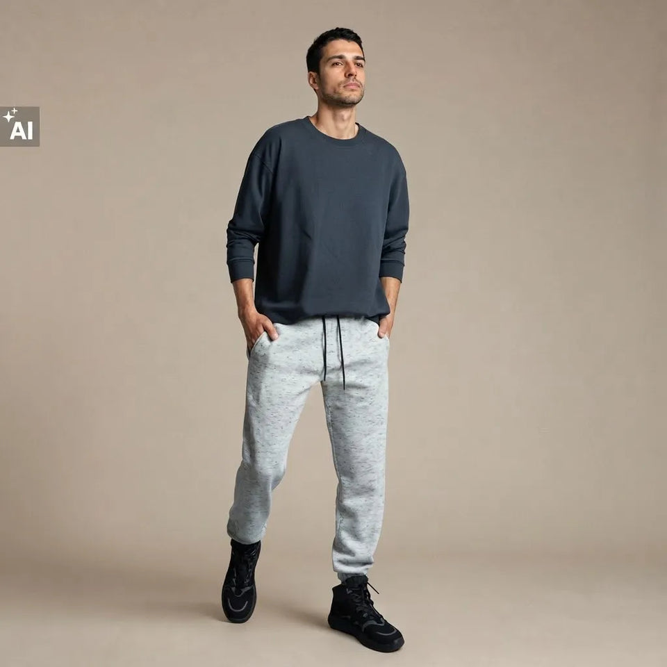 A man modeling a dark navy crewneck sweatshirt and light gray heather jogger pants against a solid beige studio background.