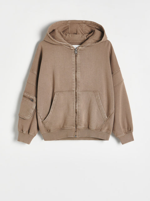 Brown hoodie with a zipper on a white background