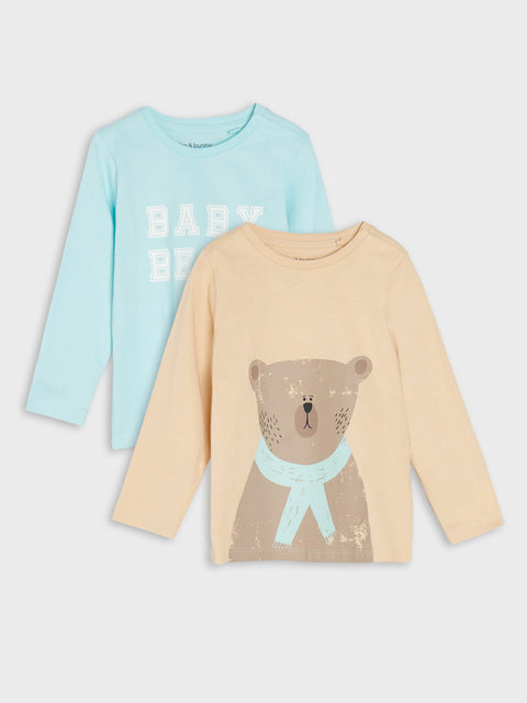 Two long-sleeve shirts, one light blue with 'Baby Bear' text and one beige with a bear graphic, on a white background.