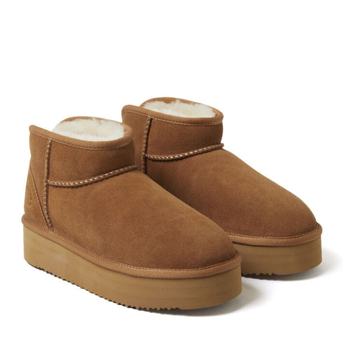 Pair of brown suede boots with white fur lining on a white background