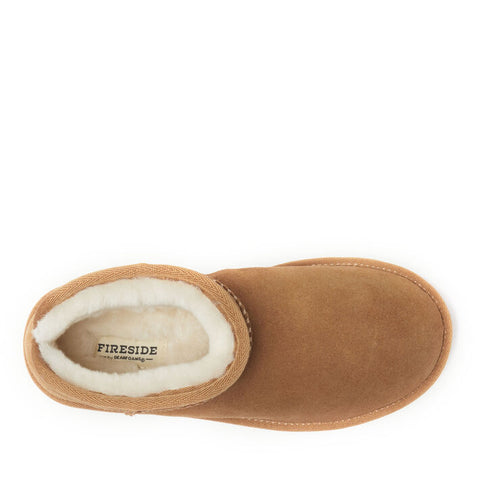 Tan suede slipper with white fur lining on a white background