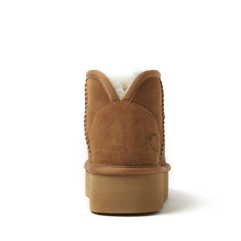 Brown suede boot with white fur lining on a white background