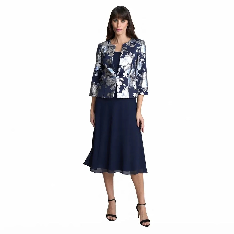 Jessica Howard Women's Navy Floral Patterned Three-Quarter-Sleeve Blazer
