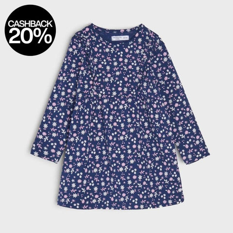 Navy blue dress with pink floral pattern on a white background