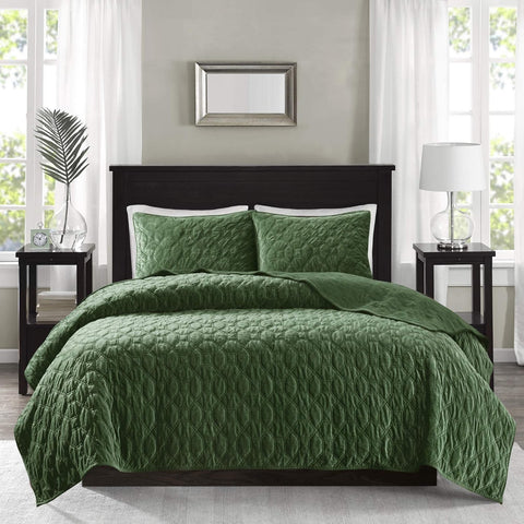 Madison Park Full/ Queen Dark Green Harper Quilt Set Velvet Geometric Design Lightweight Coverlet | Madison Park In Lebanon