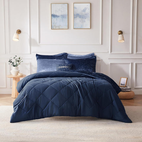Intelligent Design Navy Velvet Double Sided Diamond Quilting Cover Bedding Set with Matching Sham|Intelligent Design In Lebanon