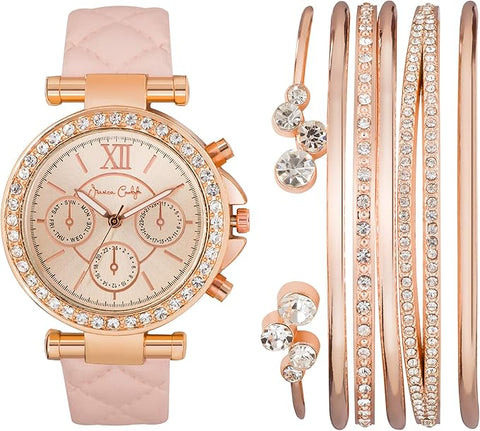 Rose gold watch and bracelet set on a white background