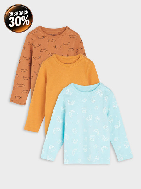 Three children's long-sleeve shirts in brown, orange, and blue with different patterns on a light gray background.