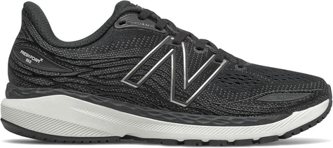Black running shoe with white sole on a white background