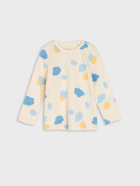 Yellow long-sleeve shirt with blue and multicolor cloud patterns on a white background