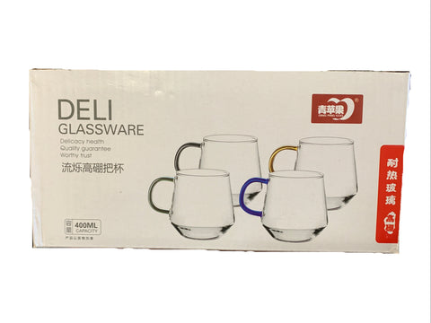 Box of Deli glassware with glass cups on a reflective surface