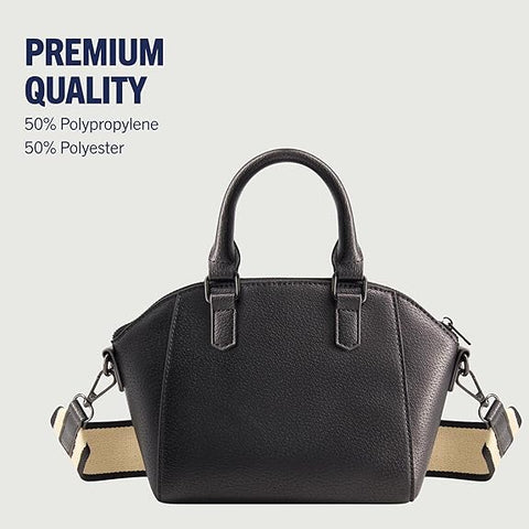 Black handbag with a strap on a light gray background, labeled as 'Premium Quality' with material details.