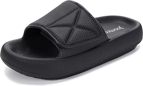 Black slide sandal on a white background