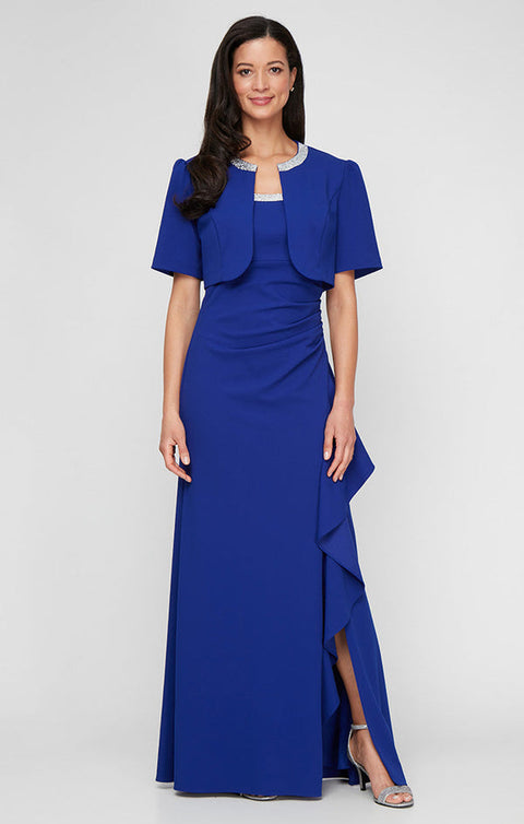 Alex Evenings Women's Royal Blue Bead Detail Stretch Crepe Dress With Bolero Jacket | Alex Evenings In Lebanon