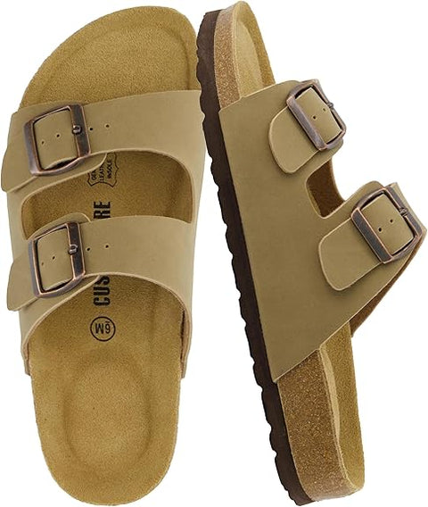 Pair of tan sandals with buckles on a white background