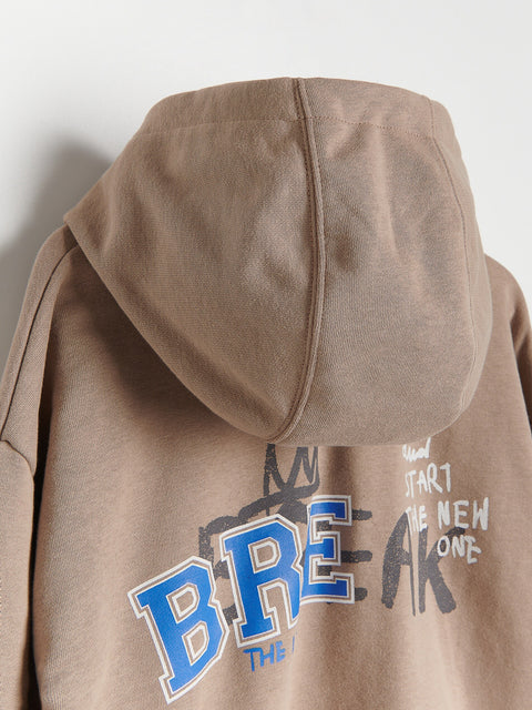 Brown hoodie with text and graphics on a white background