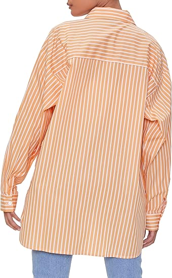 Forever 21 Women's Orange Striped Long Sleeve One Pocket Shirt  |Forever 21 In Lebanon9