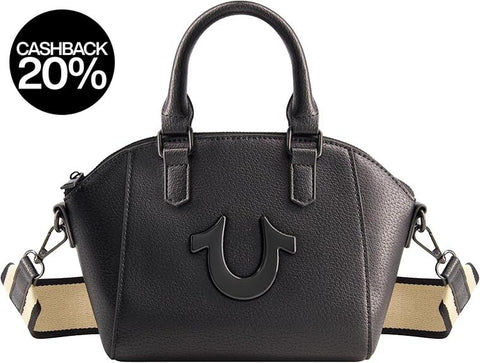 Black handbag with a strap on a white background