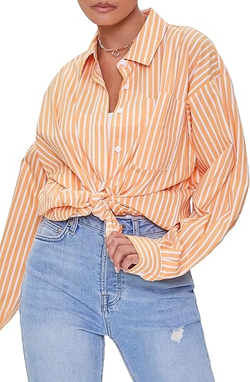 Forever 21 Women's Orange Striped Long Sleeve One Pocket Shirt  |Forever 21 In Lebanon9