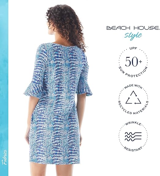 Beach House Style Women's Multi Blue Bella Boat Neck Tunic with Bell Sleeves Dress | Beach House Style In Lebanon